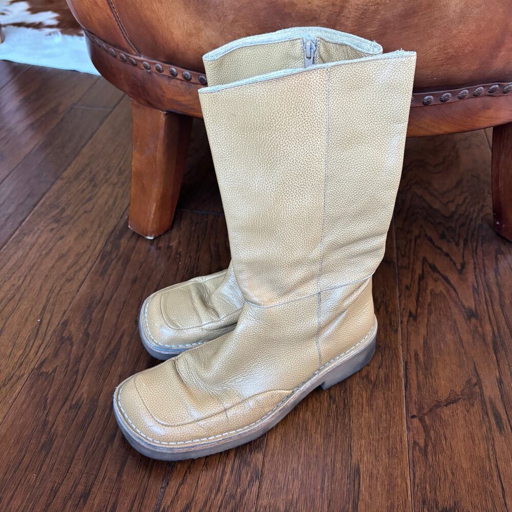 ZARA Women's Leather Boots Made in Spain Tan Beige Square Toe Mid-Calf Sz 39